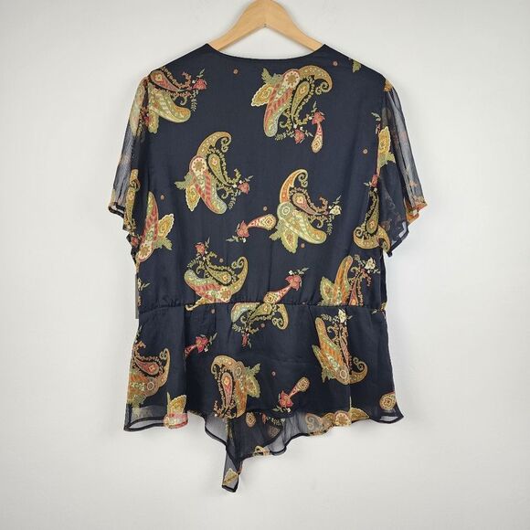 Vince Camuto Asymmetric Blouse Top Paisley Cinch Waist Lined Rich Black Size 2X - Picture 5 of 16